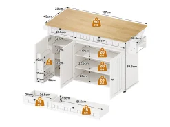 Isla central con encimera abatible - 137 x 45/70 x 89,5 cm - con 2 cajones + 3 puertas - MDF - blanco