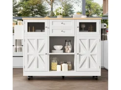 Isla central con ruedas - 140 x 40 x 93,5 cm - con encimera + 2 puertas + 2 cajones - MDF - blanco