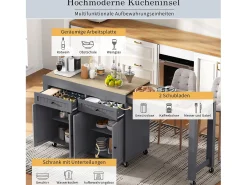 Isla central con ruedas - Isla de cocina extensible con encimera + 2 cajones - MDF - gris