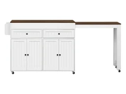 Isla central con ruedas - extensible con encimera + 2 cajones - MDF - blanco + marrón