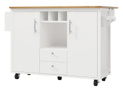 Isla central con ruedas - 137,9 x 45/73 x 92 cm - tapa abatible + 2 cajones + botellero - MDF + Metal - blanco