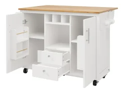 Isla central con ruedas - 137,9 x 45/73 x 92 cm - tapa abatible + 2 cajones + botellero - MDF + Metal - blanco