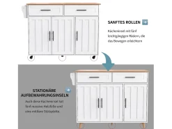 Isla central con ruedas - 129 x 46/71 x 91,5 cm - tapa abatible - con 3 puertas + 2 cajones - MDF - blanco