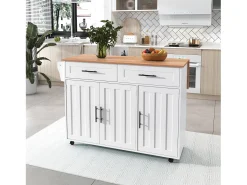 Isla central con ruedas - 129 x 46/71 x 91,5 cm - tapa abatible - con 3 puertas + 2 cajones - MDF - blanco