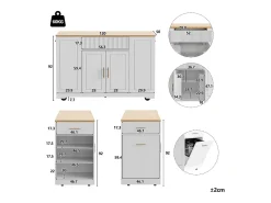 Isla central con ruedas - 120 x 50 x 92 cm - con compartimento para basura + 2 puertas y 3 cajones - MDF + Metal - blanco