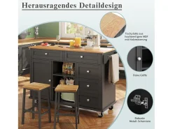 Isla central con ruedas - 134 x 46 x 92 cm - móvil y fija - con 1 puerta + 5 cajones - MDF - negro
