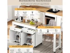 Isla central con ruedas - Isla de cocina extensible con encimera + 2 cajones - MDF - blanco