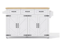 Isla central con ruedas y encimera abatible + 4 puertas + 3 cajones - 140 x 43(70) x 90,5 cm - blanco