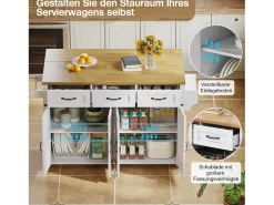 Isla central con ruedas y encimera abatible + 4 puertas + 3 cajones - 140 x 43(70) x 90,5 cm - blanco