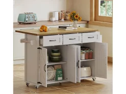 Isla central con ruedas y encimera abatible + 4 puertas + 3 cajones - 140 x 43(70) x 90,5 cm - blanco