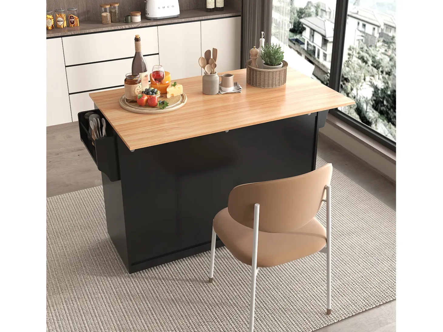 Isla central de cocina - 2 cajones y 4 compartimentos - patas con ruedas o de madera - Negro