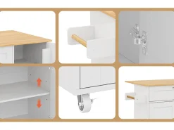 Isla central de cocina - con mostrador plegable - múltiples compartimentos de almacenamiento - Blanco