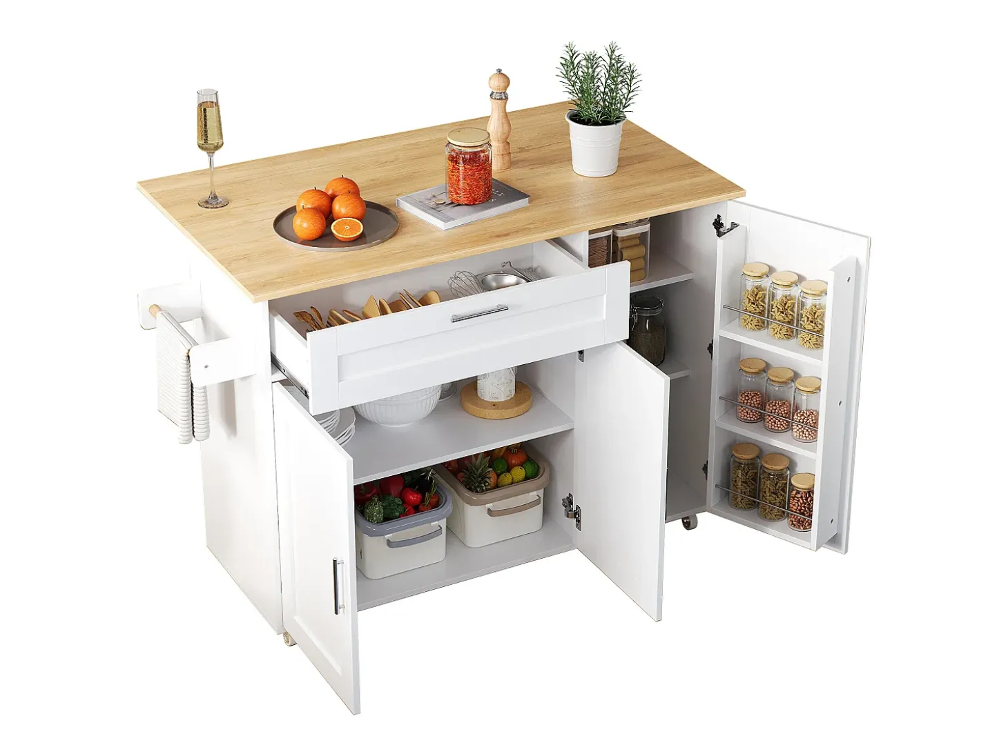 Isla central de cocina - con mostrador plegable - múltiples compartimentos de almacenamiento - Blanco