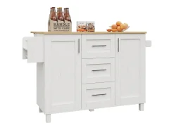 Isla central de cocina - carrito con ruedas y plancha extensible - 3 cajones y 2 puertas - Blanco