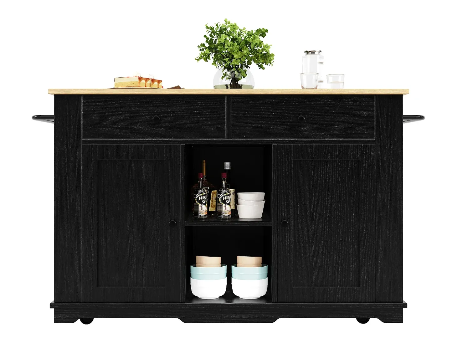 Isla central de cocina - carrito con ruedas y tomas - con plancha extensible - 2 puertas 2 cajones y 2 compartimentos - Negro