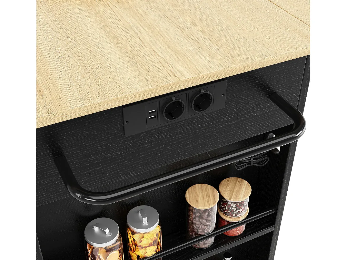 Isla central de cocina - carrito con ruedas y tomas - con plancha extensible - 2 puertas 2 cajones y 2 compartimentos - Negro