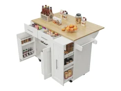 Isla central de cocina - carrito con ruedas y plancha retráctil - 2 cajones y 2 puertas - Blanco