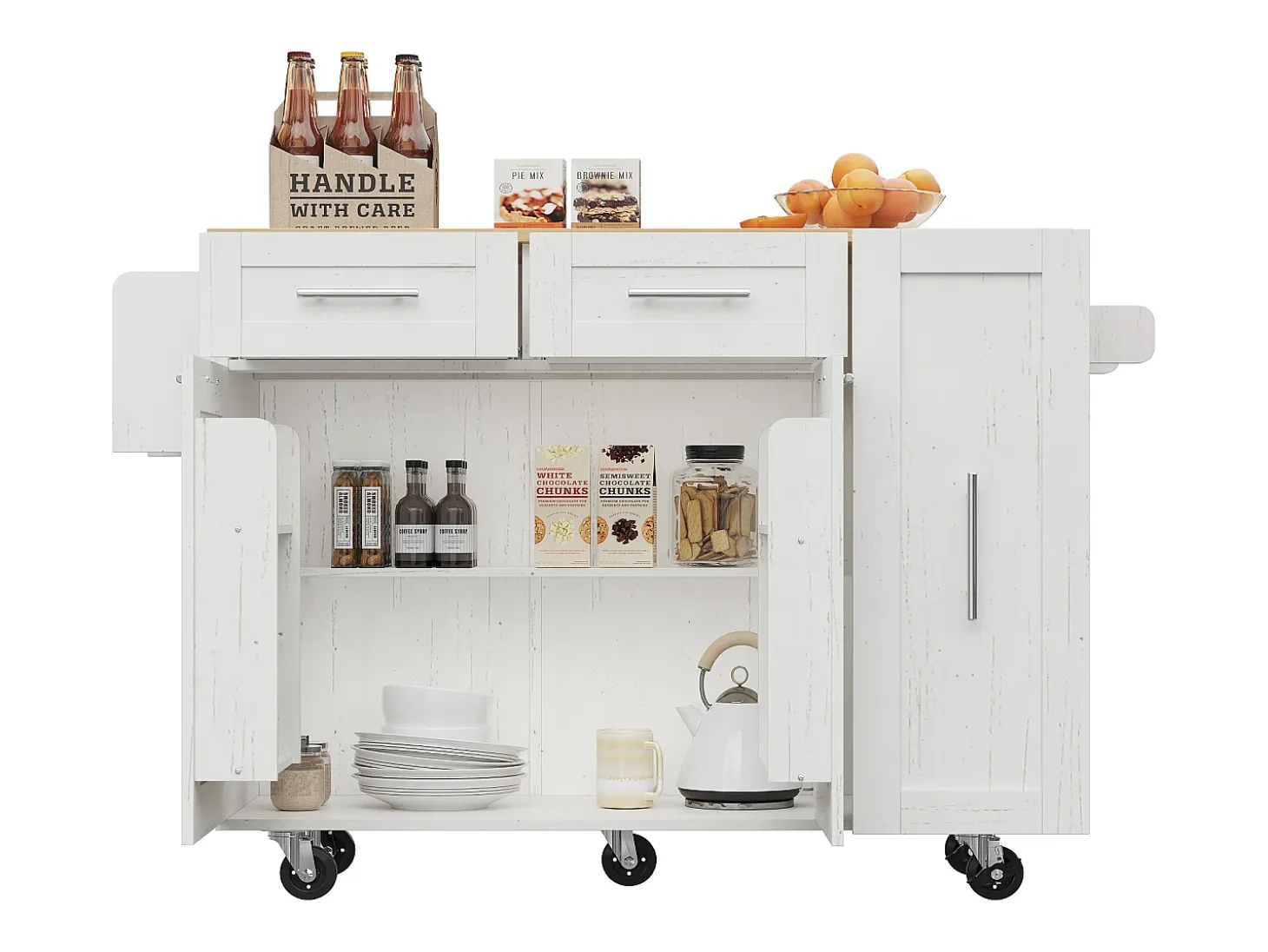 Isla central de cocina - carrito con ruedas y plancha retráctil - 2 cajones y 2 puertas - Blanco