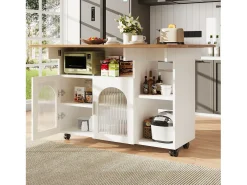 Isla central de cocina - carrito con ruedas y plancha extensible - 2 puertas y 3 compartimentos abiertos - Blanco