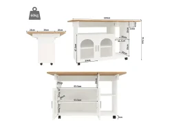Isla central de cocina - carrito con ruedas y plancha extensible - 2 puertas y 3 compartimentos abiertos - Blanco