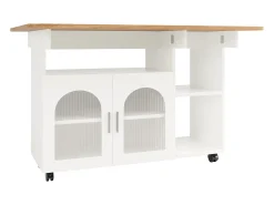 Isla central de cocina - carrito con ruedas y plancha extensible - 2 puertas y 3 compartimentos abiertos - Blanco