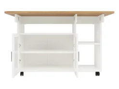 Isla central de cocina - carrito con ruedas y plancha extensible - 2 puertas y 3 compartimentos abiertos - Blanco