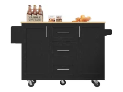 Isla central de cocina - carrito con ruedas y plancha extensible - 3 cajones y 2 puertas - Negro