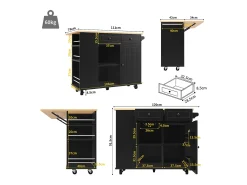 Isla central de cocina - carrito con ruedas y plancha extensible - 2 cajones y 1 puerta - Negro