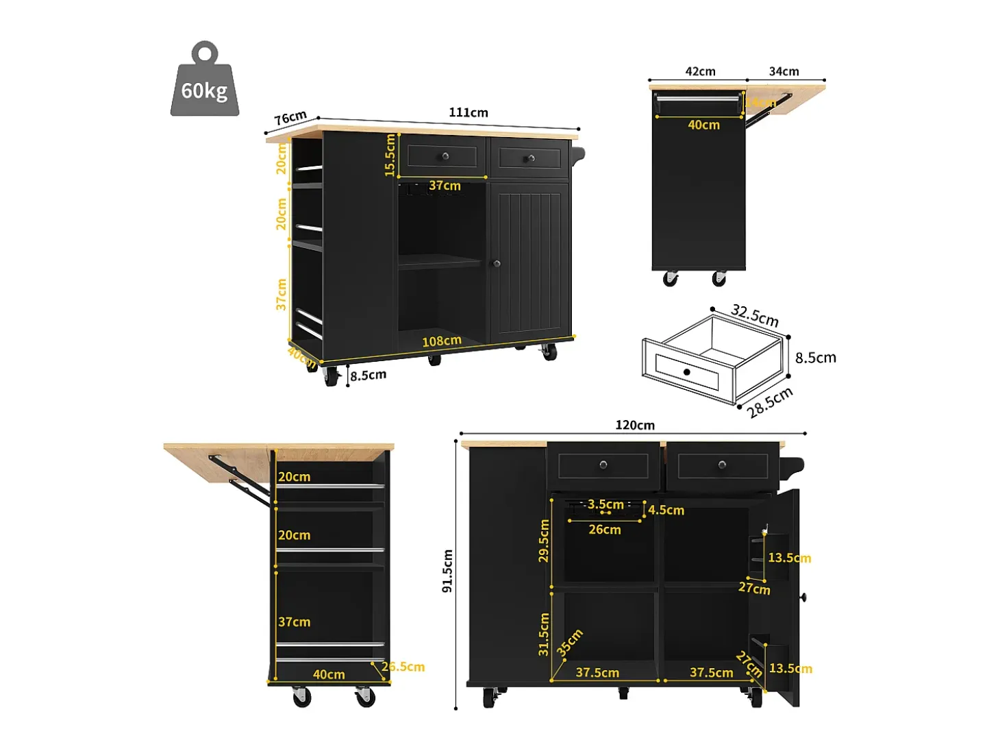 Isla central de cocina - carrito con ruedas y plancha extensible - 2 cajones y 1 puerta - Negro