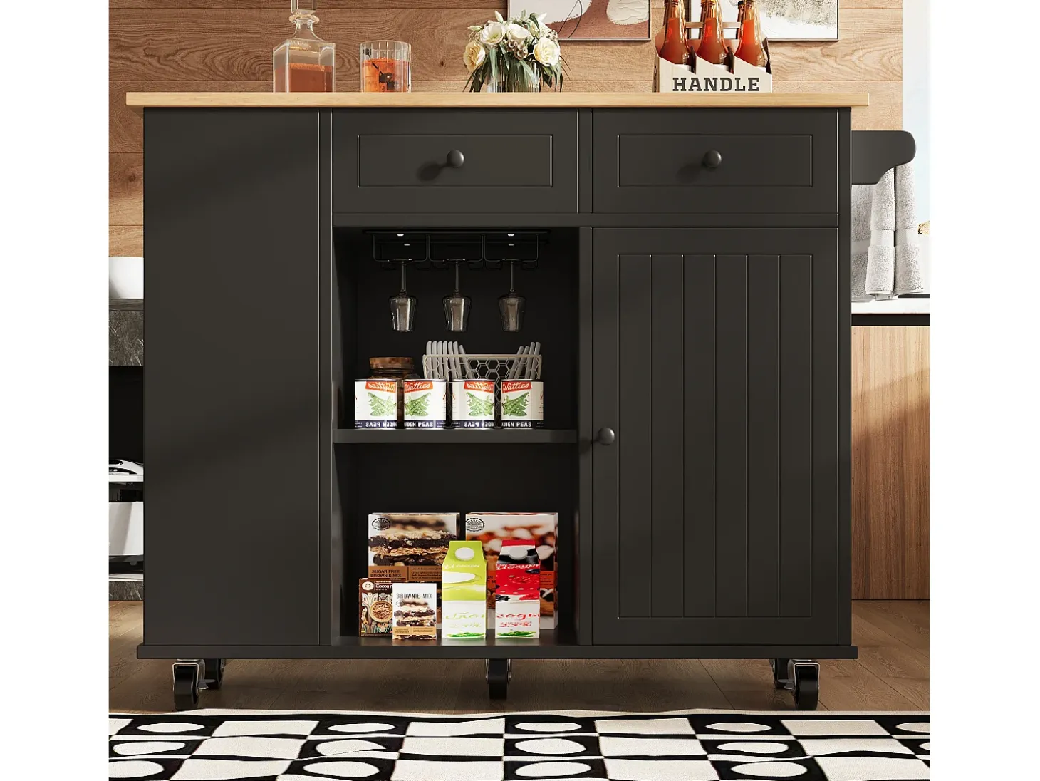 Isla central de cocina - carrito con ruedas y plancha extensible - 2 cajones y 1 puerta - Negro
