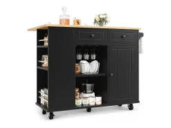 Isla central de cocina - carrito con ruedas y plancha extensible - 2 cajones y 1 puerta - Negro