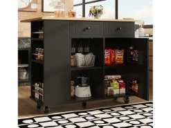 Isla central de cocina - carrito con ruedas y plancha extensible - 2 cajones y 1 puerta - Negro