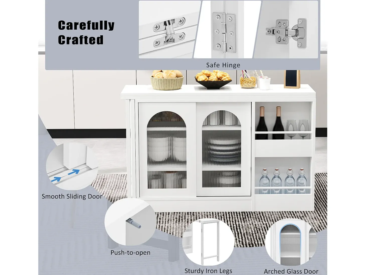 Isla central de cocina - con tabla pivotante deslizante - con puertas de vidrio y espacio de almacenamiento - MDF - Blanco