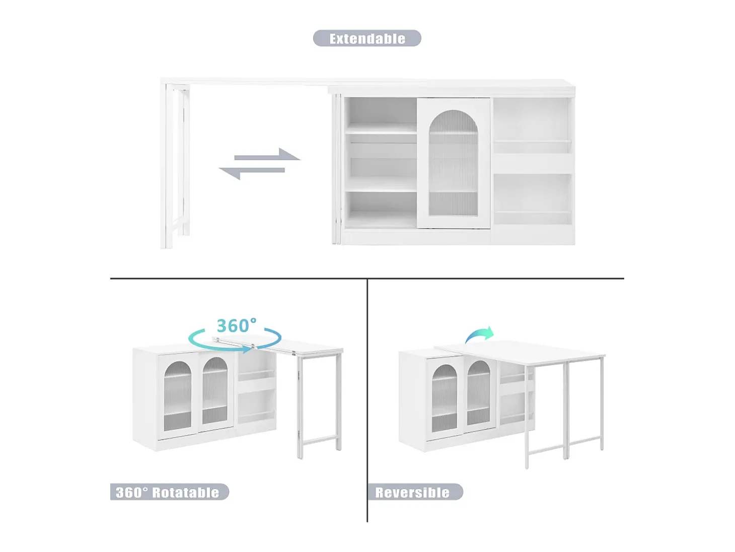 Isla central de cocina - con tabla pivotante deslizante - con puertas de vidrio y espacio de almacenamiento - MDF - Blanco