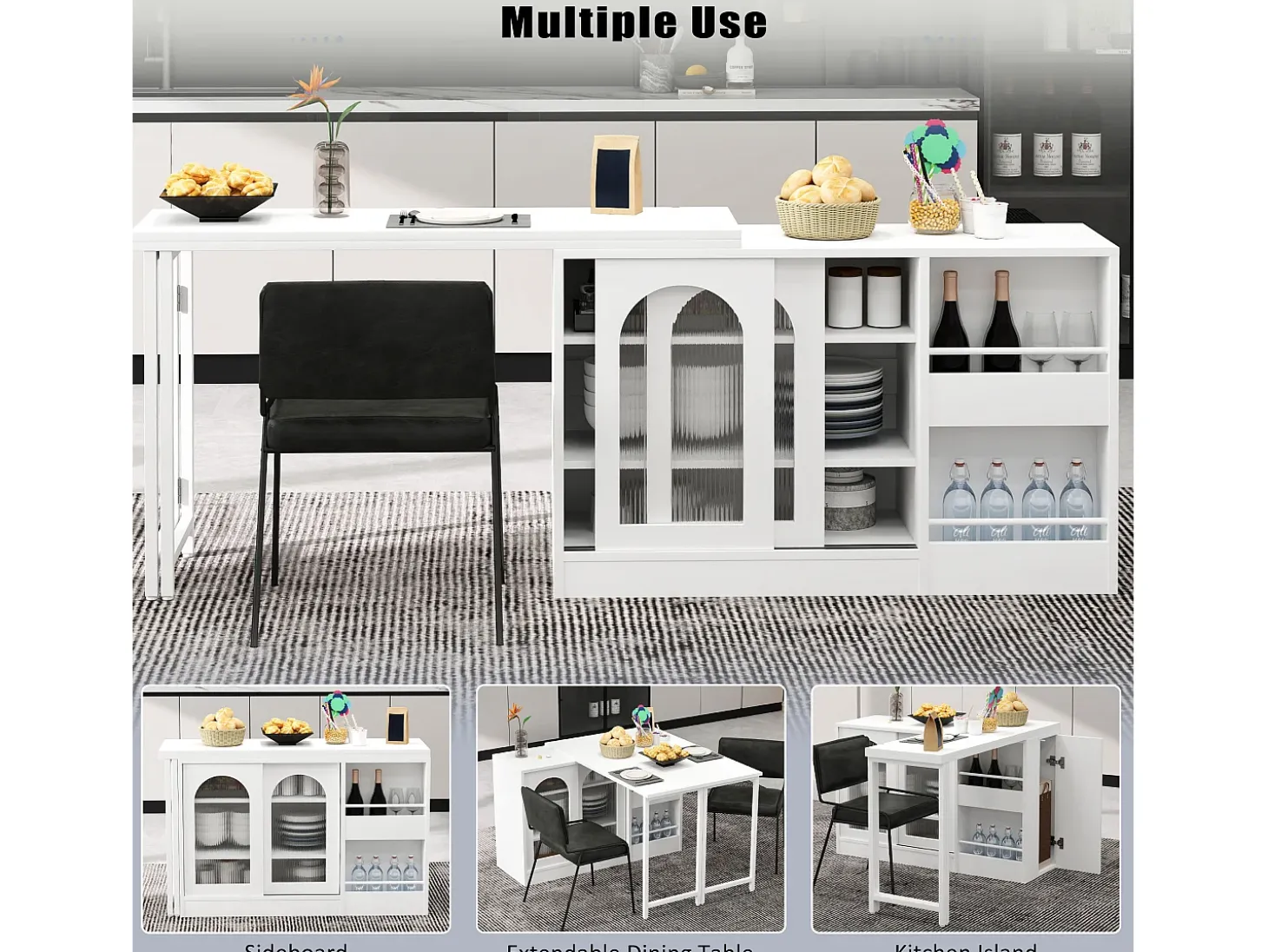 Isla central de cocina - con tabla pivotante deslizante - con puertas de vidrio y espacio de almacenamiento - MDF - Blanco
