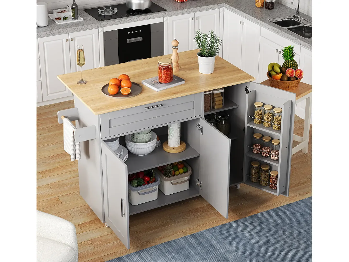 Isla central de cocina - con mostrador plegable - múltiples compartimentos de almacenamiento - Gris