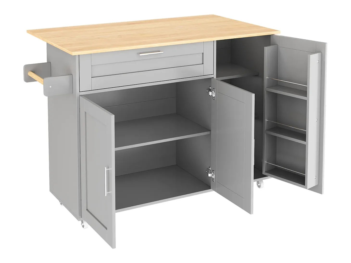 Isla central de cocina - con mostrador plegable - múltiples compartimentos de almacenamiento - Gris