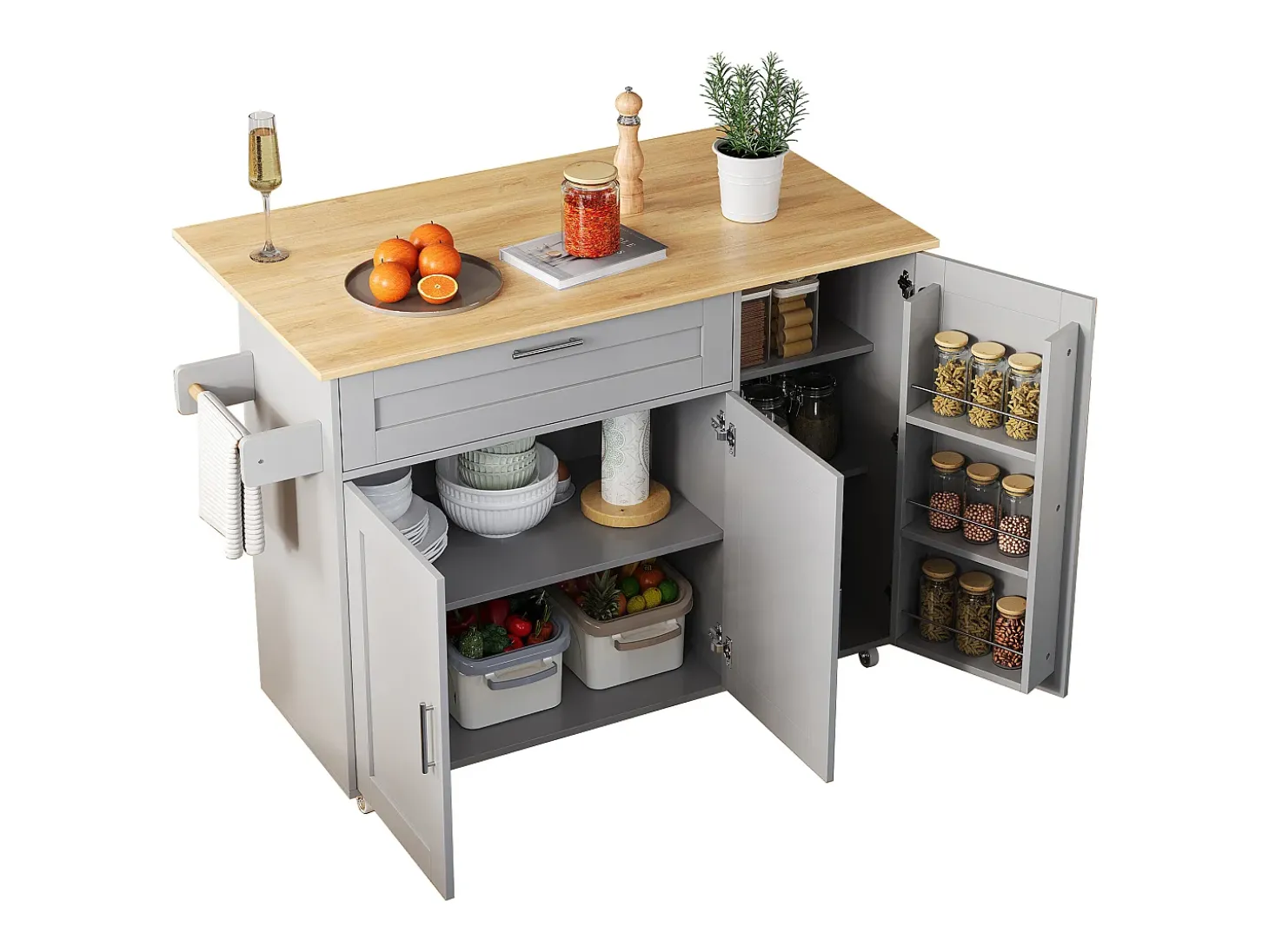 Isla central de cocina - con mostrador plegable - múltiples compartimentos de almacenamiento - Gris