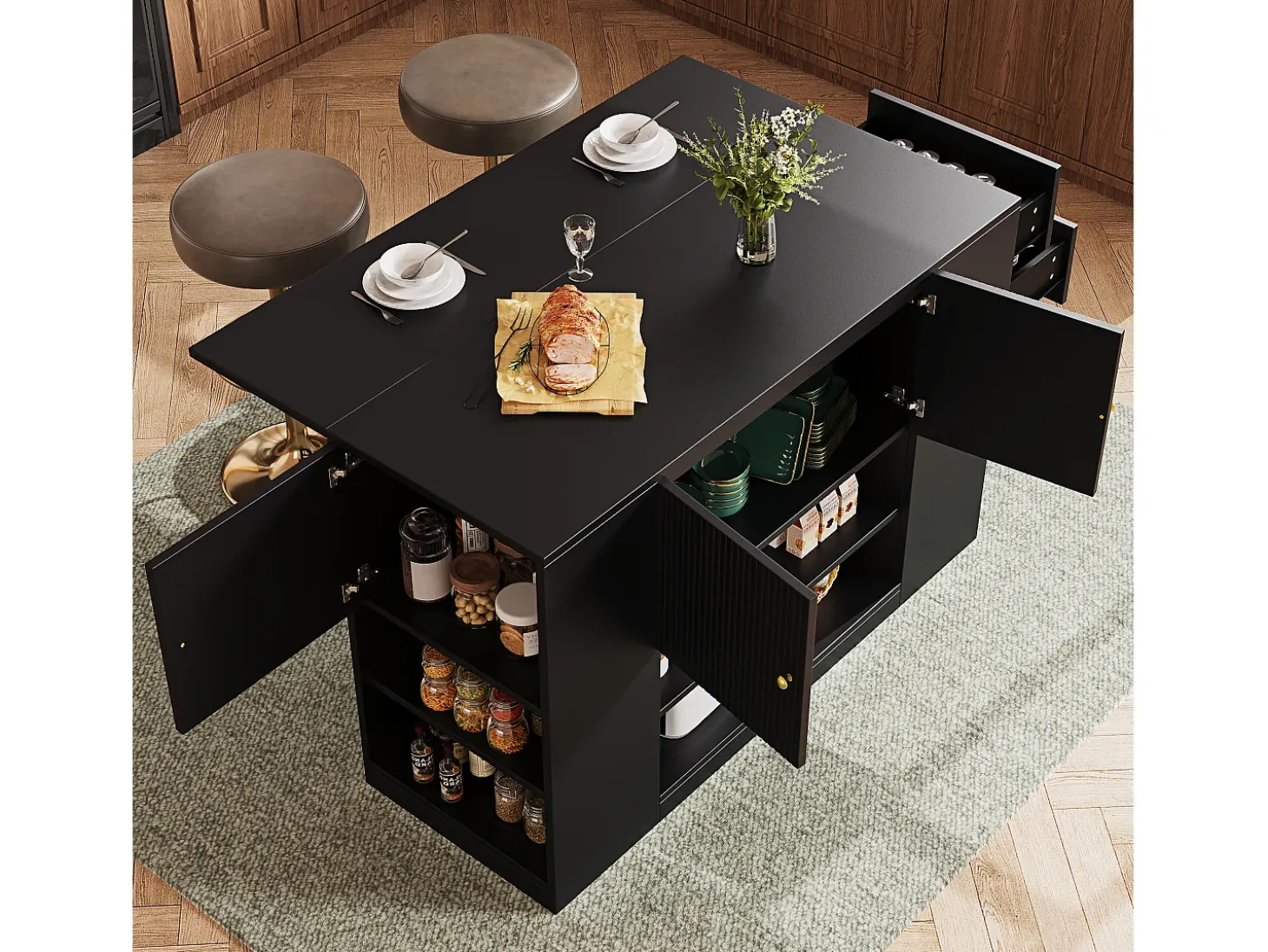 Isla central de cocina - Encimera extensible - 2 cajones y 3 puertas - Con estantes abiertos - MDF - negro