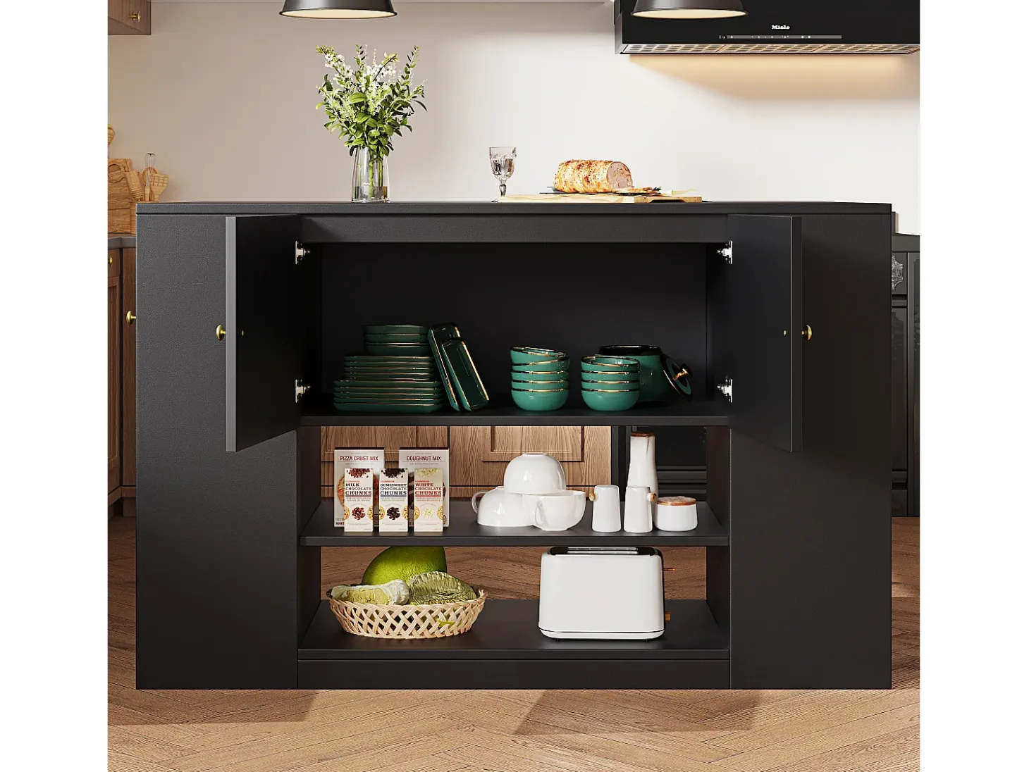 Isla central de cocina - Encimera extensible - 2 cajones y 3 puertas - Con estantes abiertos - MDF - negro