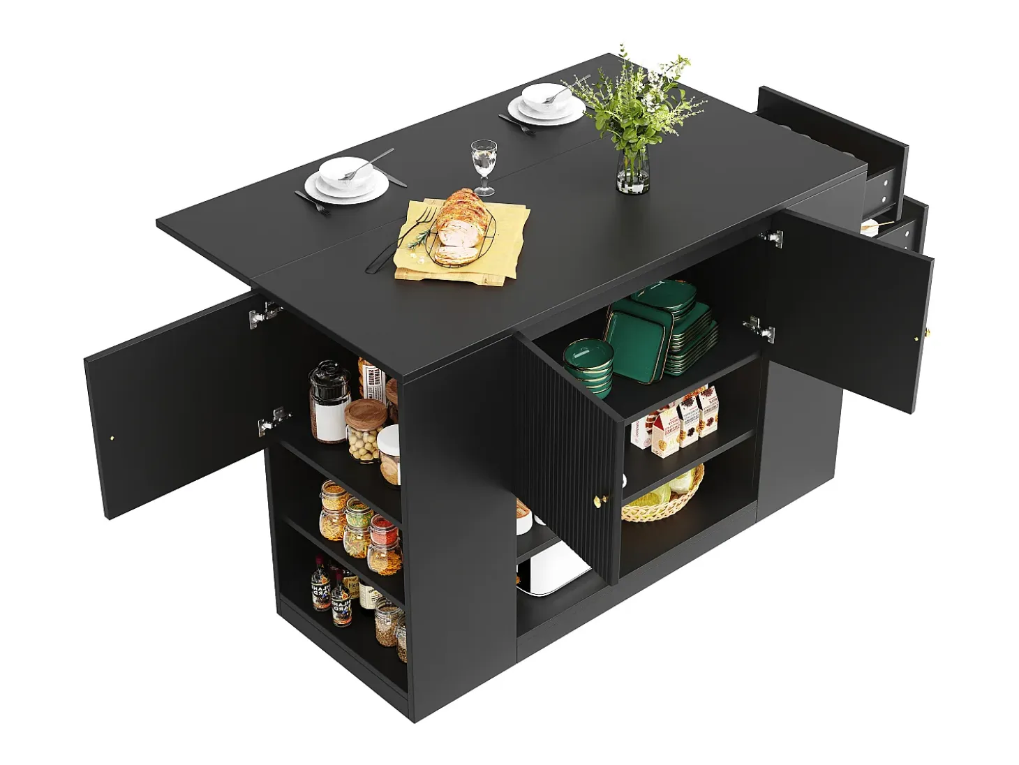 Isla central de cocina - Encimera extensible - 2 cajones y 3 puertas - Con estantes abiertos - MDF - negro