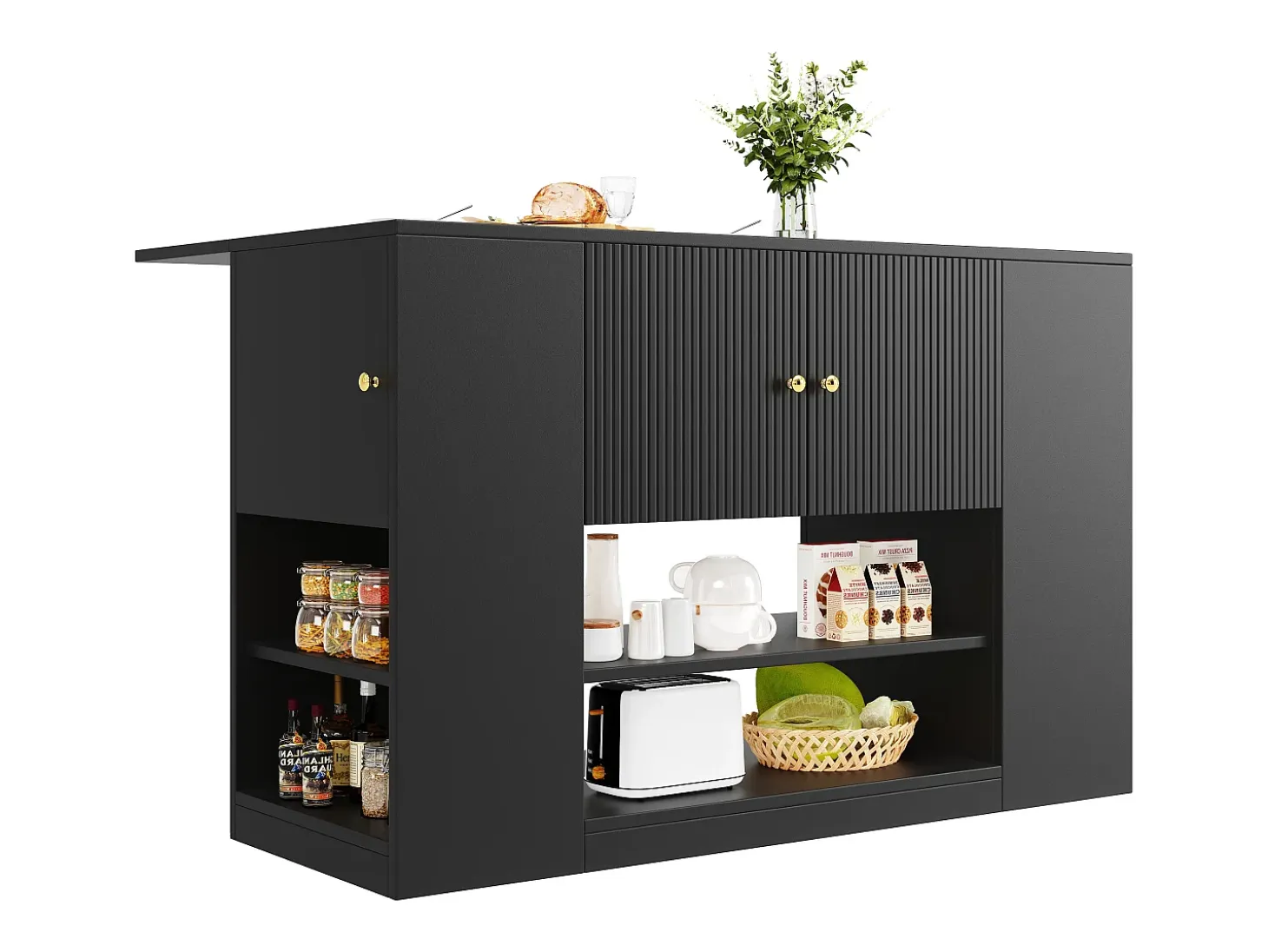 Isla central de cocina - Encimera extensible - 2 cajones y 3 puertas - Con estantes abiertos - MDF - negro