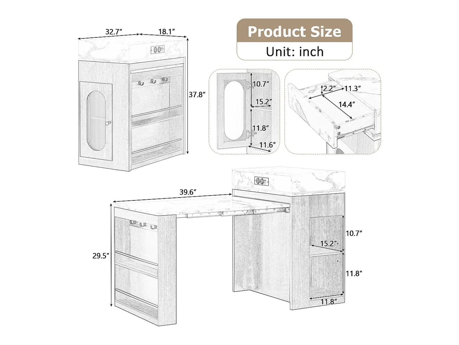 Isla central de cocina - mesa de comedor extensible - con toma de corriente - con ruedas y espacio de almacenamiento - con gancho - Natural