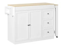 Isla central de cocina - mesa de comedor extensible - con 1 puerto USB y 1 puerto Type-C - con estante de especias y ruedas - Natural + Blanco
