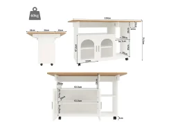 Isla Central de cocina 2 puertas y 3 estantes, con ruedas giratorias, mesa plegable, 120x30/70x79.5 cm, blanco