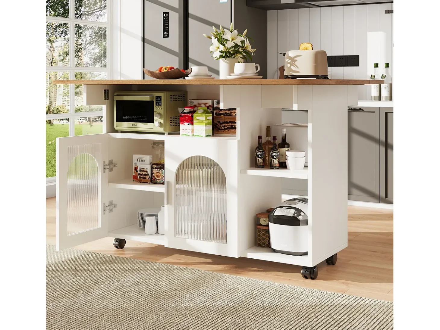 Isla Central de cocina 2 puertas y 3 estantes, con ruedas giratorias, mesa plegable, 120x30/70x79.5 cm, blanco