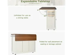 Isla central de cocina con 3 cajones y 2 puertas correderas, mesa extensible, Beige, 140x45/73x94cm