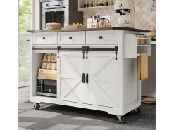 Isla central de cocina con 3 cajones y 2 puertas correderas, mesa extensible, Beige, 140x45/73x94cm