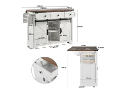 Isla central de cocina con 3 cajones y 2 puertas correderas, mesa extensible, Beige, 140x45/73x94cm