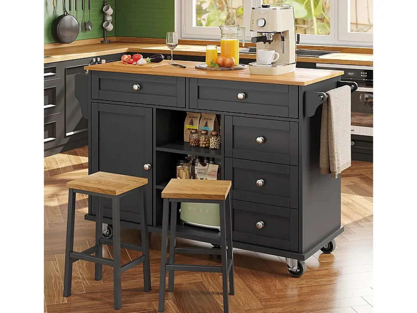 Isla central de cocina con 5 cajones 3 nichos y 1 puerta, con patas fijas y ruedas, 134x46x92cm - Negro